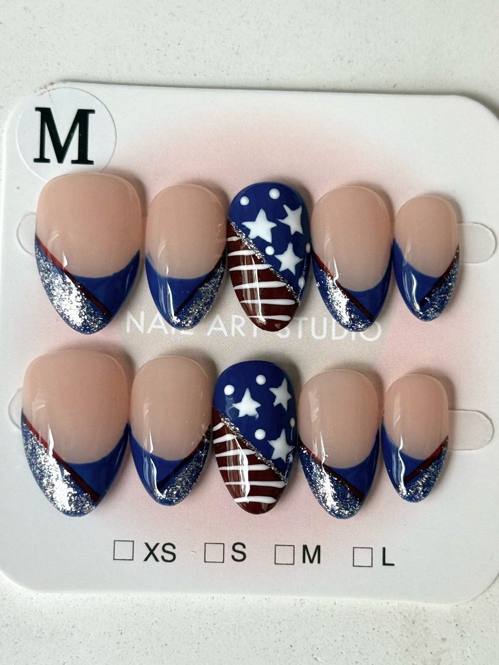 Handmade Flag Blue & Nude Press-On Nails with Stars Size M Short Almond